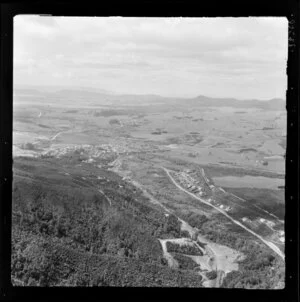 Rotowaro, by Huntly, Waikato District, showing area with coalmine access roads within bush, with view to local town and farmland beyond