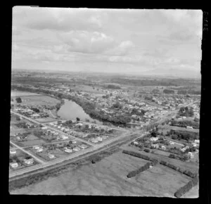 Ngaruawahia, Waikato, view south to town over the Waikato River and bridge with Great South Road (State Highway 1) through town, farmland beyond