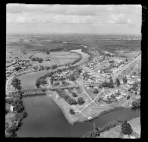 Ngaruawahia, Waikato, view south to town with Great South Road and bridge over the Waikato River with the Waipa River, with farmland beyond