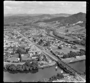 Ngaruawahia, Waikato, view south to town at the confluence of the Waikato River with the Domain and bridge with Great South Road, and Waipa River with Waingar Road Bridge beyond