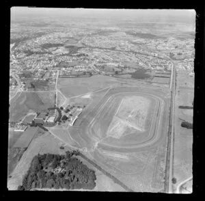 Te Rapa, Waikato, view over Te Rapa Racecourse, looking south over residential housing to Hamilton with Lake Domain Reserve beyond