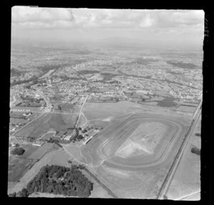 Te Rapa, Waikato, view over Te Rapa Racecourse, looking south over residential housing to Hamilton with the Waikato River and Lake Domain Reserve