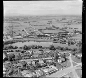 Ngaruawahia, Waikato, view east over town with Newcastle Street and Market Street and Lower Waikato Esplanade to the Waikato River with River Road and farmland beyond