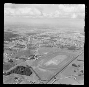 Te Rapa, Waikato, view over Te Rapa Racecourse, looking south over residential housing to Hamilton with the Waikato River and the Lake Domain Reserve beyond