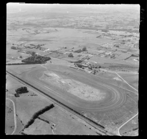 Te Rapa, Waikato, view over Te Rapa Racecourse with Te Rapa Road and the Waikato River and farmland beyond