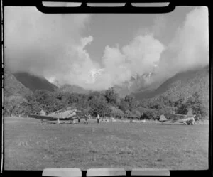 Fox Glacier airstrip, showing two aeroplanes on grass area