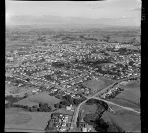 Te Awamutu, Waikato, view over housing with Mangapiko Street, Mahoe Street and Alexander Street looking east over the town to farmland beyond