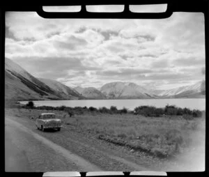 Lake Ohau, MacKenzie District, showing car parked on side of the road