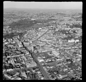 Auckland City, view to Cook Street and Wellesley Street West and East with St Mathews Church, to Albert Park and the Domain Park War Memorial Museum beyond