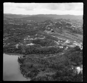 Wood Bay, Titirangi waterfront, Auckland, showing houses and bush area