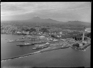 Port of New Plymouth with shipping, breakwater and power station