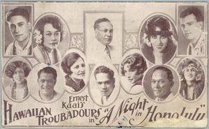 [Postcard]. Ernest Kaai's Hawaiian Troubadours in "A night in Honolulu". Town Hall, Greytown. Tuesday November 22 [1927]