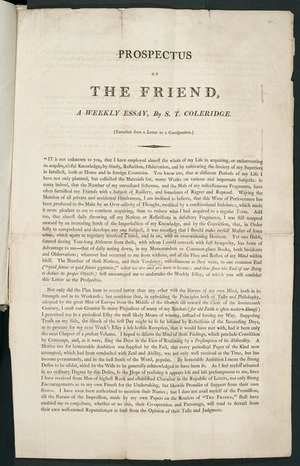 Prospectus of The friend [electronic resource] : a weekly essay / by S.T. Coleridge. (Extracted from a letter to a correspondent).