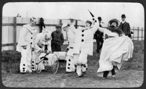 Group from Victoria University, Wellington, dressed in pierrot costume and doing the cake-walk