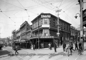 Premises of Clude H Perrett, chemist on the corner of Manners and Willis Street, Wellington