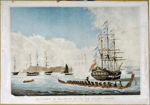 Clayton, Matthew Thomas, 1831-1922 :Settlement of Wellington by the New Zealand Company. Historical gathering of pioneer ships in Port Nicholson, March 8, 1840, as described by E J Wakefield. Wilson & Horton chromolith. Mt Clayton [delt.] ; Auckland, Wilson & Horton, 1899