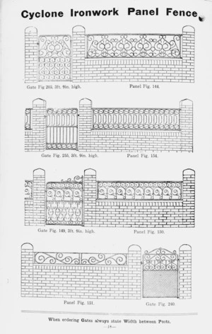 Cyclone Fence & Gate Co. Ltd :Cyclone ironwork panel fence. When ordering gates always state width between posts. [Catalogue page. 1900-1910?].