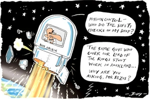 "Blue Origin; Mission control - who did the safety checks on my ship? - The same guys who cover our Lord of the Rings stunt work in Auckland … Why are you asking, Mr Bezos?" - Jeff Bezos and Amazon Lord of the Rings production