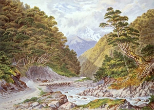 Barraud, Charles Decimus, 1822-1897 :Otira Gorge, West Coast Road. C. D. Barraud del, 1875. T. Picken lith., C. F. Kell, Lithographer, London [1877]