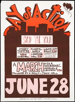 Citizens Opposed to the Springbok Tour (COST) :Day of action; stop the tour. Street theatre noon Cuba Mall; Funeral march leaves Cuba Mall 12.30; Lower Hutt Rally 12.30. A march with a difference! Assemble cenotaph 7 pm. June 28 [1985]. Produced by COST '85, PO Box 11-398, Wellington [1985].