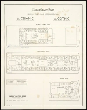 Shaw Savill & Albion Company Ltd :Shaw Savill Line plan of first class accommodation SS 'Ceramic' (15,896 tons) and SS 'Gothic' (15,911 tons), twin-screw turbine vessels. H J R & L, 2500 3-56 [1956]