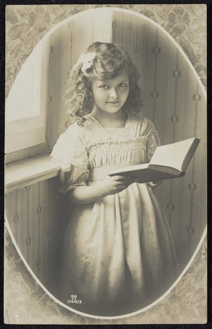 Young girl with book. Printed in Prussia. GG Co. 1148/3 [Postcard to Sybil. ca 1910]