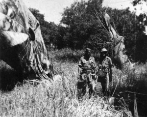 German parachutes and New Zealand soldiers near Galatos, Crete during World War II