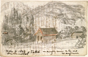 Taylor, Richard], 1805-1873 :The church at Otake. Manganui a te ao. Wanganui. Mar 6 1849.