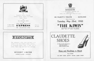 Kiwi Concert Party :J C Williamson Theatres Ltd. His Majesty's Theatre Auckland; season commencing Tuesday May 23rd., 1950. "The Kiwis"; the original Middle East Kiwi concert party, led by Terry Vaughan. [Programme inside front cover and title page]. 1950.