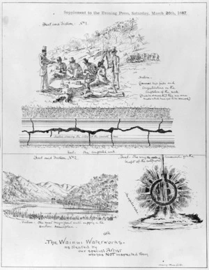 Richmond, Christopher William, 1821-1895 :The Wainui waterworks - as treated by our special artist who has NOT inspected them. [Wellington] The Evening Press, 1887.
