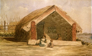 Robley, Horatio Gordon 1840-1930 :Patene's wharre at Matapihi. 1865.