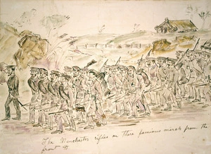 Robley, Horatio Gordon 1840-1930 :The Manchester rifles on there [sic] famious [sic] march from the front &c. [1845. Painted after 1863]