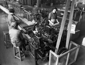 Three women working on the first floor of the Bryant & May, Bell & Co Ltd factory in Tory Street, Wellington