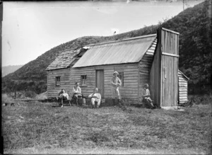 Trout fishing party at Smith's Whare in the Waterworks Valley, Wainuiomata