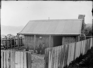 An unidentified Maori man wearing a black armband, sitting with his dog outside a small seaside cottage , which has a corrugated iron roof, brick chimney, and thatched walls, possibly Wellington region
