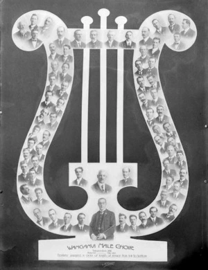 Photograph of members of Wanganui Male Choir with the conductor, arranged on a lyre shaped frame