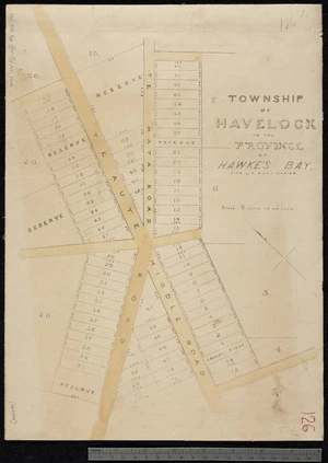 Koch, Augustus Karl Frederick, 1855-1901 :Township of Havelock in the province of Hawkes Bay. [ms map] Lithographed by A Koch. Napier. [187-?]