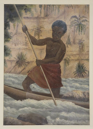 Backhouse, John Philemon 1845-1908 :[Maori poling a canoe in rapids. ca 1880]