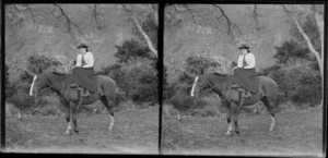 Horsewoman, riding side-saddle, Catlins, Otago