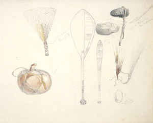 [Angas, George French] 1822-1886 :Fan from Aitukaka, Hervey Group. Ancient axe (Mogo) found imbedded in cliff; Mogo or native axe New South Wales; Ancient pearl fish hook Sydney. [Gourd from New] Caledonia I. [Between 1844 and 1860]