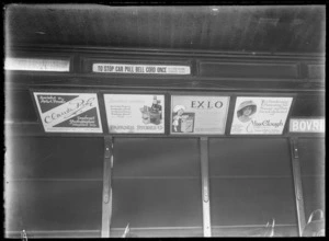 Advertising panels inside a Christchurch tram