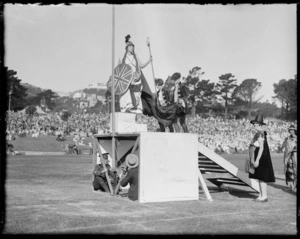 Britannia on stage at a history pageant, Newtown Park, Wellington, during the visit of the Duke and Duchess of York