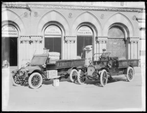 Trucks belonging to A J White Ltd outside their building, Christchurch