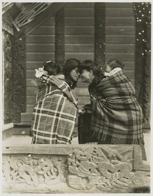 Pringle, Thomas, 1858-1931 : Maori women greeting each other with a hongi