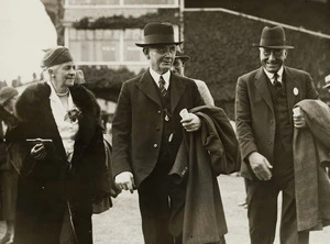 Michael Joseph Savage at Trentham Race Course with Mrs French and W E Parry - Photograph taken by E T Robson