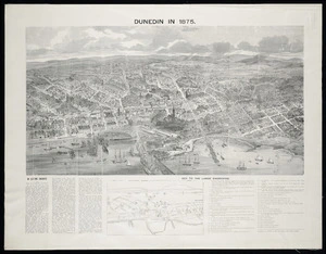 Cooke, Albert Charles 1836-1902 :Dunedin in 1875. [Engraved by] S Calvert; A C Cooke delt. 1875. [With a] key to the large engraving. [Dunedin, The Evening Star? ca 1931]