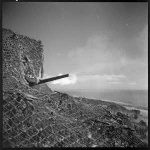 Gun firing from Godley Head, at the entrance to Lyttelton Harbour, Canterbury