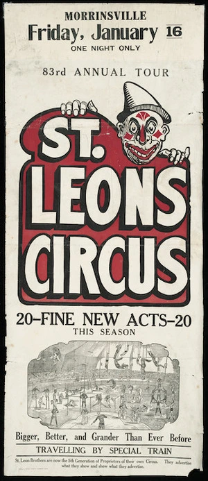 Morrinsville, Friday, January 16. One night only. 83rd annual tour. St Leons Circus. 20 fine new acts this season. [1925].