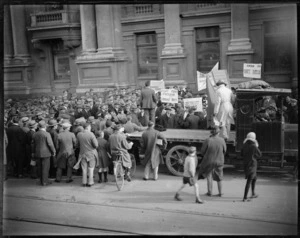 Demonstration outside the City Treasury, Wellington, during the 1930s depression