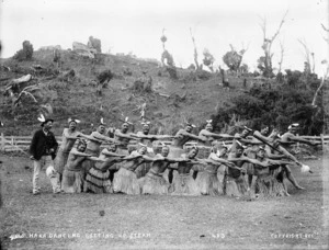 Taare Waitara and haka party, Parihaka, 1890s